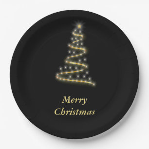 Glossy gold Christmas tree black Paper Plates