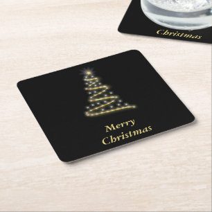 Glossy gold Christmas tree black Square Paper Coaster