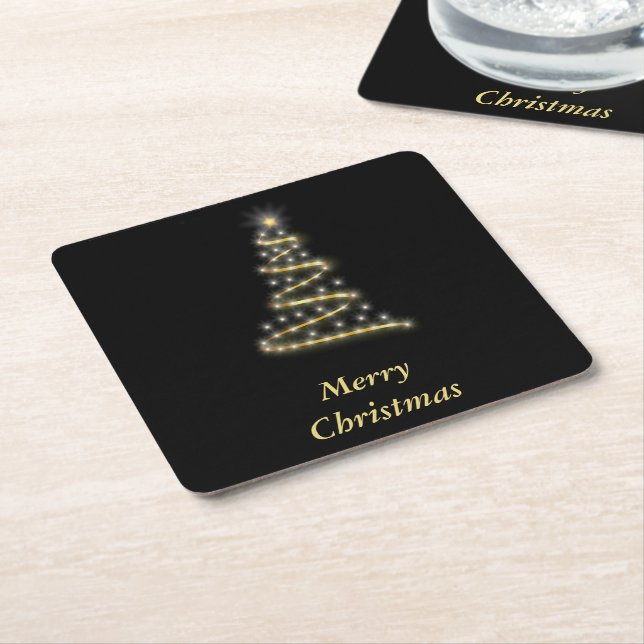 Glossy gold Christmas tree black Square Paper Coaster (Angled)