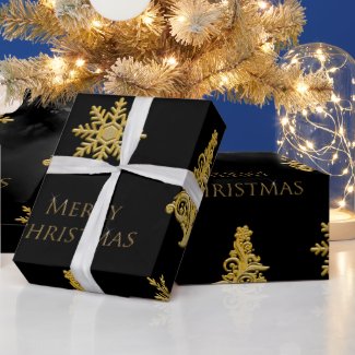 Glossy Gold Christmas Tree Snowflake on Black 