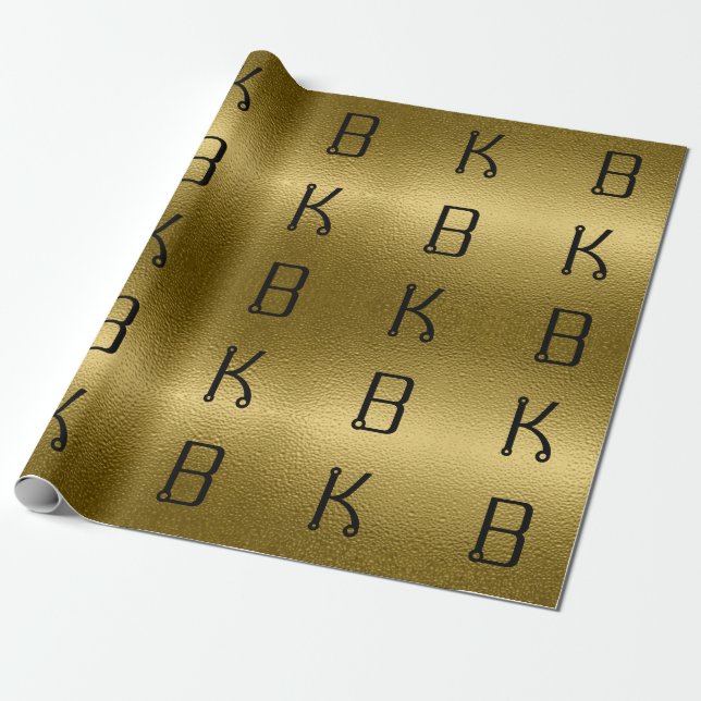 Glossy Gold Metal Texture Personalized Initials Wrapping Paper (Unrolled)