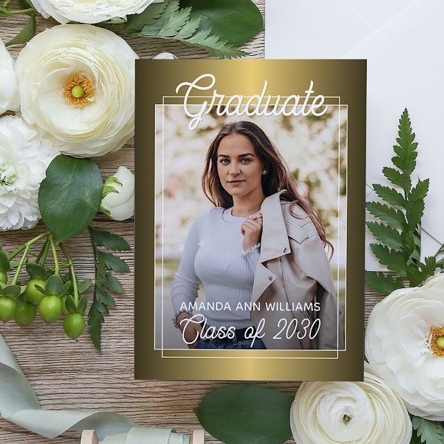 Glossy Gold Minimalist Graduation Announcement Postcard (Creator Uploaded)