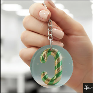 Glossy Green Gold Glitter Striped Letter J Keychain