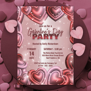 Glossy Hearts with Sparkles Galentine’s Day Party Invitation