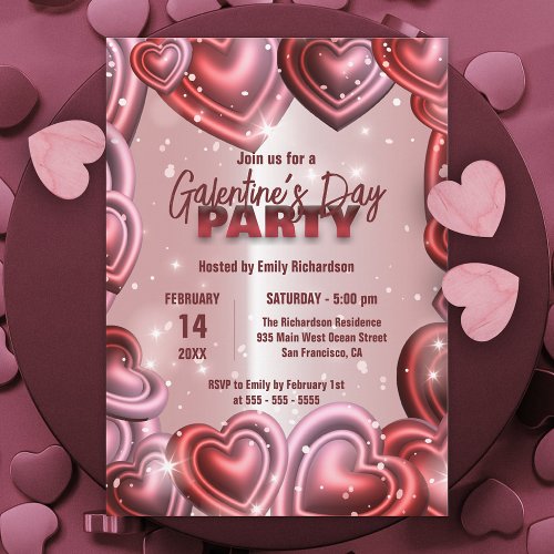 Glossy Hearts with Sparkles Galentineâs Day Party  Invitation
