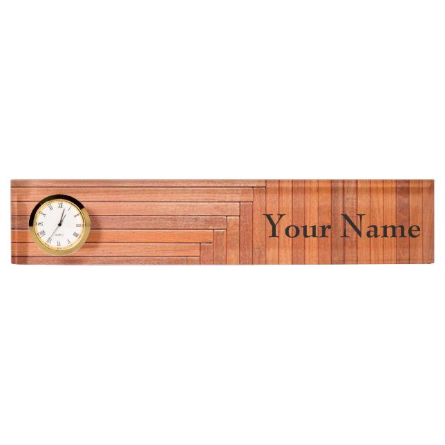 Glossy orange natural wooden planks desk name plate (Front)