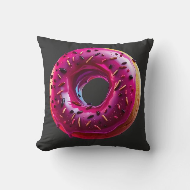 Glossy Pink Donut with Dark Sprinkles Throw Pillow (Front)