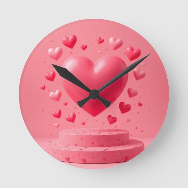 Glossy pink heart round clock (Front)