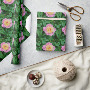 Glossy Pink Peony with Green Leaves Craft Wrapping Paper