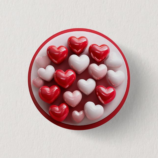 Glossy Red and White Hearts Button (Front)