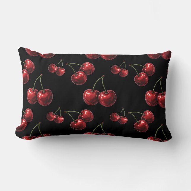 Glossy Red Cherries Black Retro Glam Lumbar Pillow (Front)
