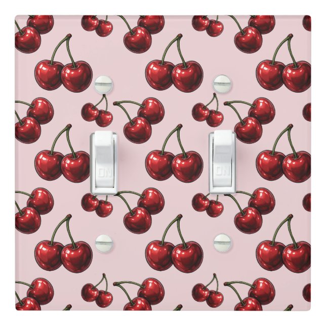 Glossy Red Cherries Pink Retro Glam Light Switch Cover (In Situ)