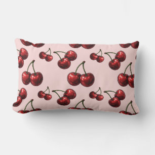 Glossy Red Cherries Pink Retro Glam Lumbar Pillow