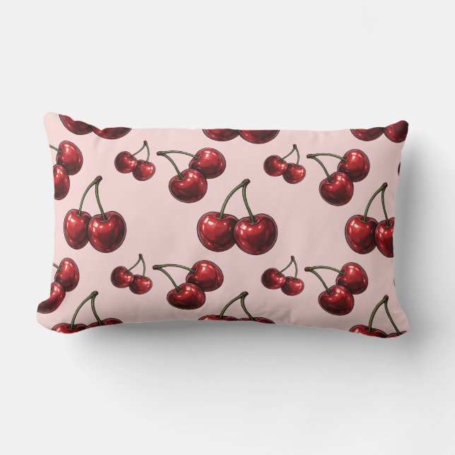 Glossy Red Cherries Pink Retro Glam Lumbar Pillow (Front)
