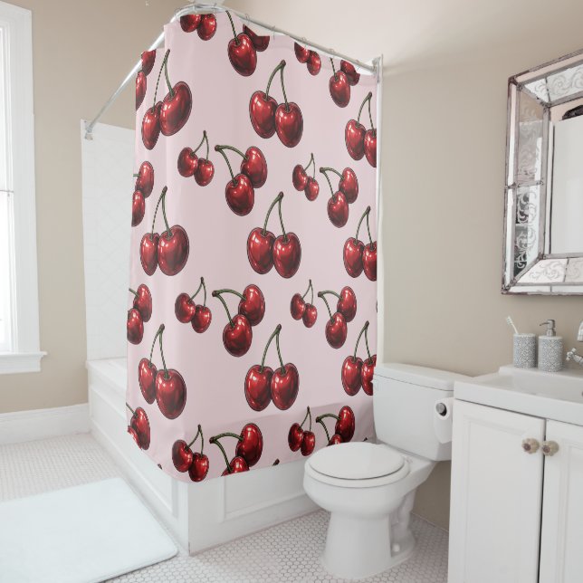 Glossy Red Cherries Pink Retro Glam Shower Curtain (In Situ)