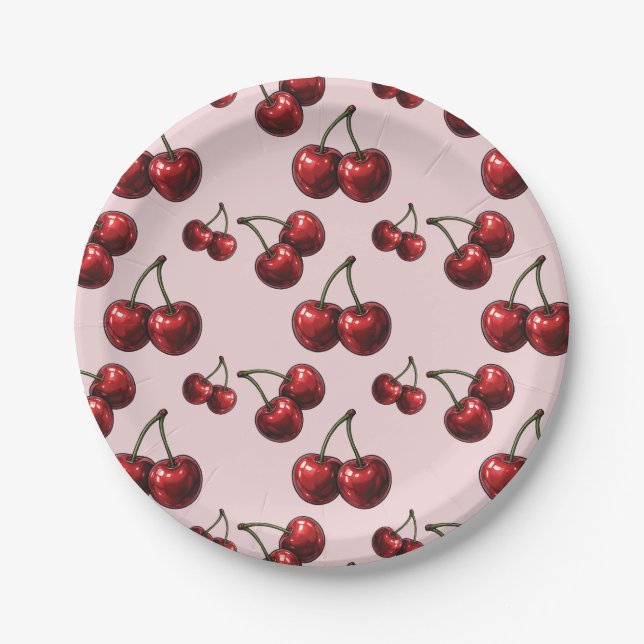 Glossy Red Cherries Pink Retro Party Paper Plates (Front)