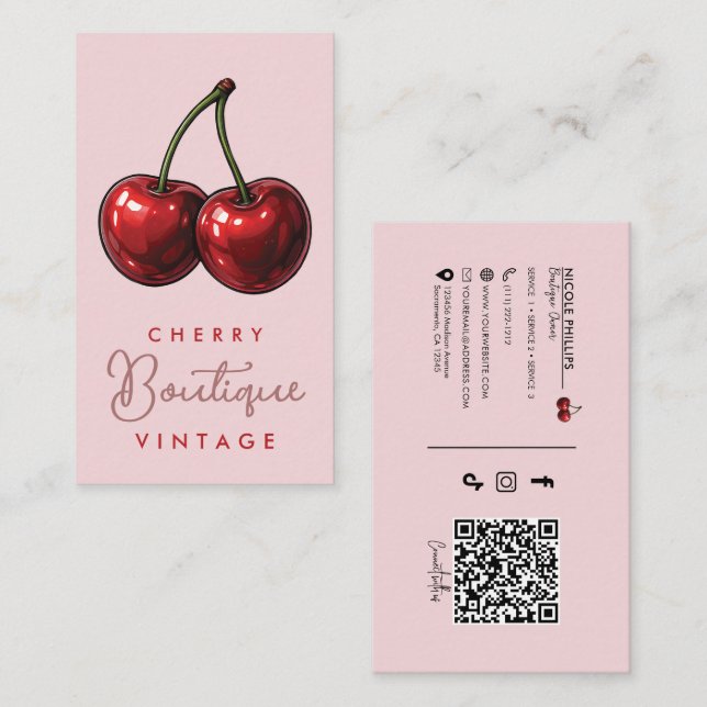 Glossy Red Cherries Retro Glam Business Card (Front/Back)