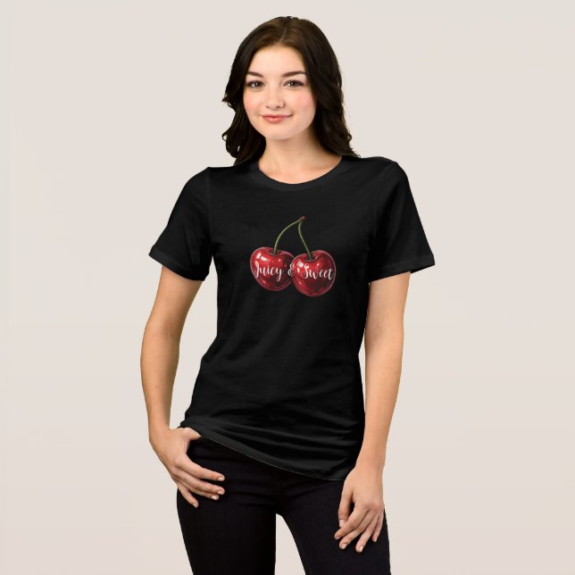 Glossy Red Cherries Retro Glam "Juicy & Sweet" Tri-Blend Shirt (Front Full)