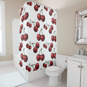 Glossy Red Cherries White Retro Glam Shower Curtain