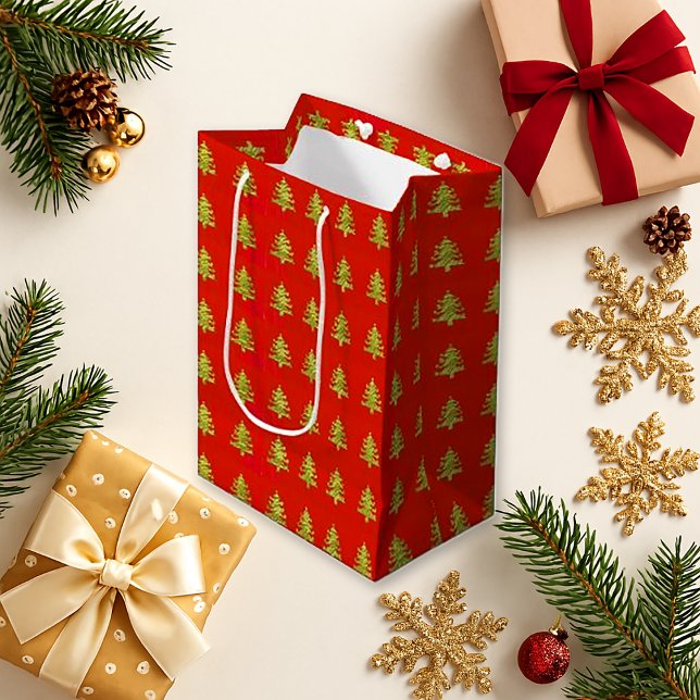 Glossy Red Christmas Tree Pattern Holiday Medium Gift Bag (Creator Uploaded)
