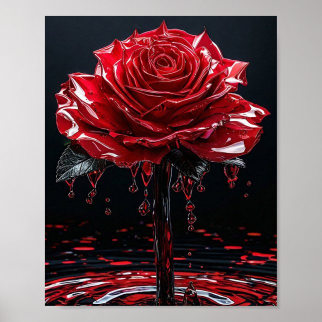 Glossy Red Rose with Dew Drops Romantic 🌹💧✨❤️🌿 Poster (Front)