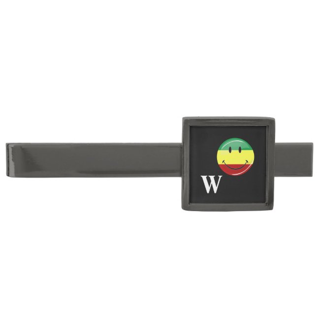 Glossy Round Happy Rasta Flag Gunmetal Finish Tie Clip (Front)