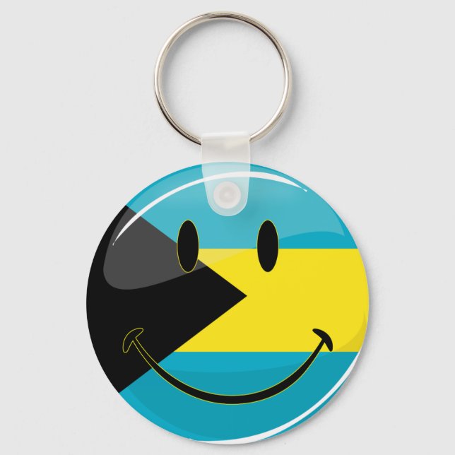 Glossy Round Smiling Bahamain Flag Keychain (Front)
