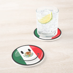 Glossy Round Smiling Mexican Flag Sandstone Coaster