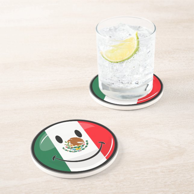 Glossy Round Smiling Mexican Flag Sandstone Coaster (Side)