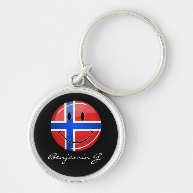 Glossy Round Smiling Norwegian Flag Keychain (Front)