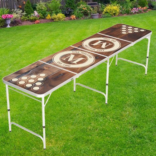 Glossy Stained Dark Wood Family Monogram  Name Beer Pong Table