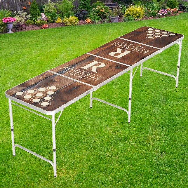 Glossy Stained Dark Wood Family Name & Initial Beer Pong Table (Creator Uploaded)