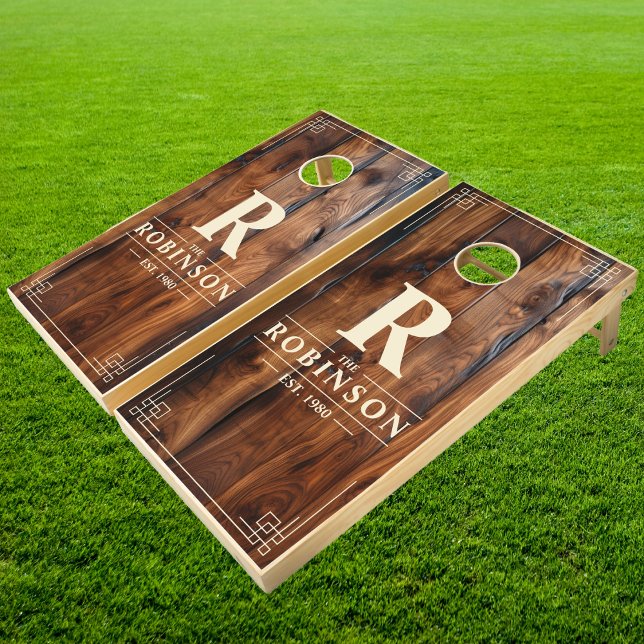 Glossy Stained Dark Wood Family Name & Initial Cornhole Set (Creator Uploaded)
