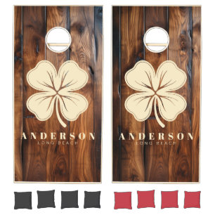 Glossy Stained Dark Wood Four Leaf Clover withName Cornhole Set