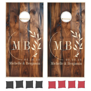 Glossy Stained Dark Wood Leaf Wedding Monogram Cornhole Set