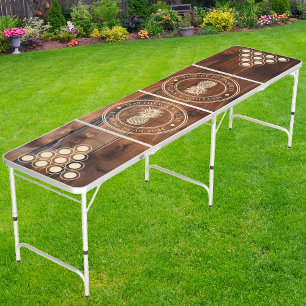 Glossy Stained Dark Wood Pineapple Wedding Crest Beer Pong Table