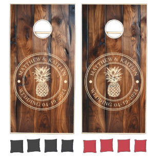 Glossy Stained Dark Wood Pineapple Wedding Names Cornhole Set