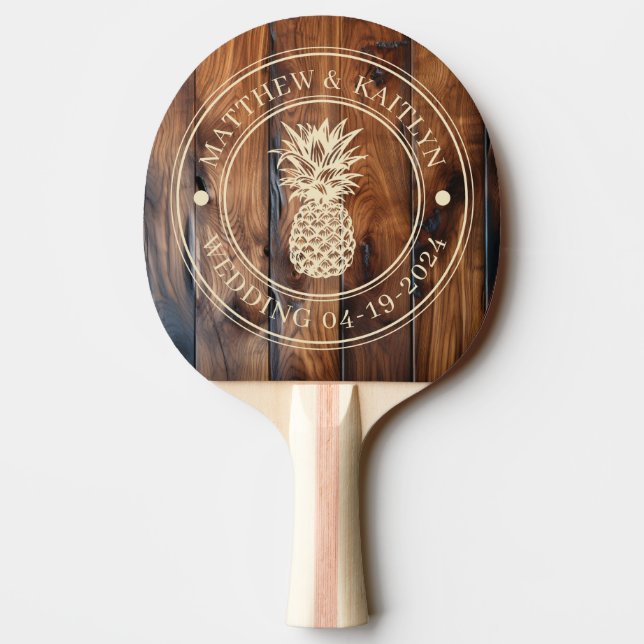 Glossy Stained Dark Wood Pineapple Wedding Names Ping Pong Paddle (Back)