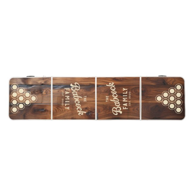 Glossy Stained Dark Wood Retro Family Name & Year Beer Pong Table (Top)