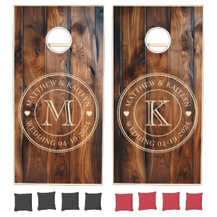 Glossy Stained Dark Wood Wedding Monogram Heart Cornhole Set