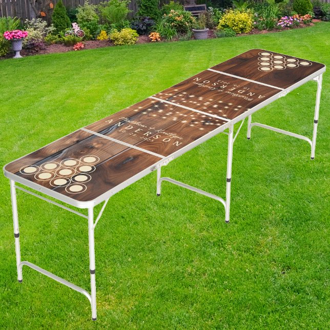 Glossy Stained Dark Wood Wedding String Lights Beer Pong Table (Creator Uploaded)