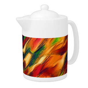 Glossy stained from orange to red, a little green teapot