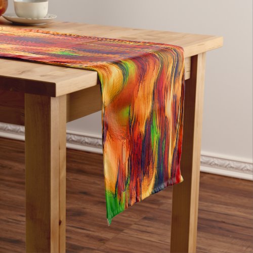 Glossy stained from red to orange a little green  short table runner