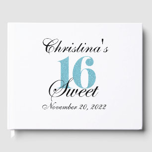 Glossy Sweet 16 Blue Glitter Custom Guest Book