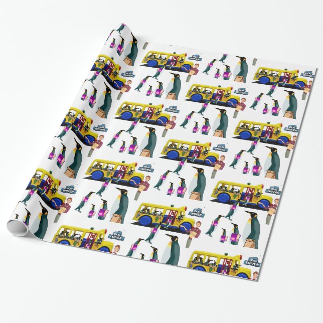 Glossy Wrapping Paper, Back to School Penguin Bus Wrapping Paper (Unrolled)