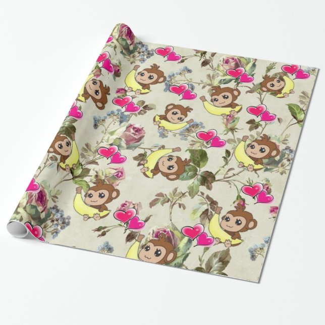 Glossy Wrapping Paper, Bananas Monkeys Floral Paper (Unrolled)