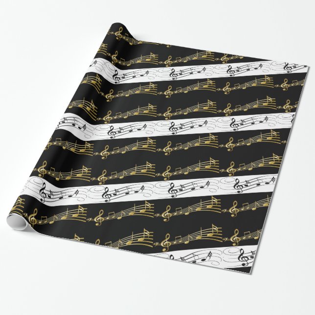 Glossy Wrapping Paper, Black and White Music Notes Wrapping Paper (Unrolled)