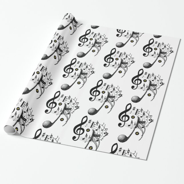 Glossy Wrapping Paper, Black and White Music Notes Wrapping Paper (Unrolled)