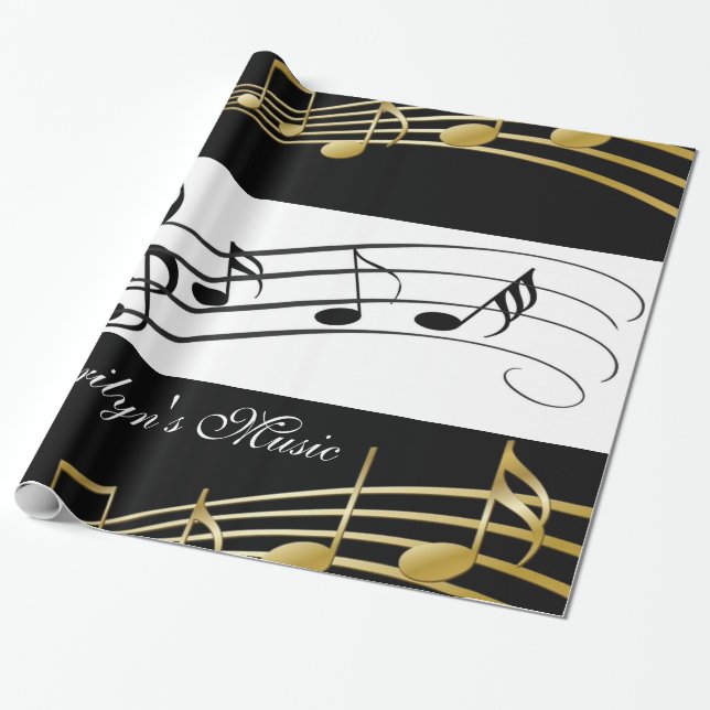 Glossy Wrapping Paper, Black and White Music Notes Wrapping Paper (Unrolled)