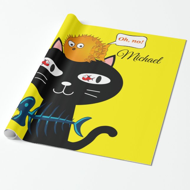 Glossy Wrapping Paper, Black Cat Fish Bones Yellow Paper (Unrolled)